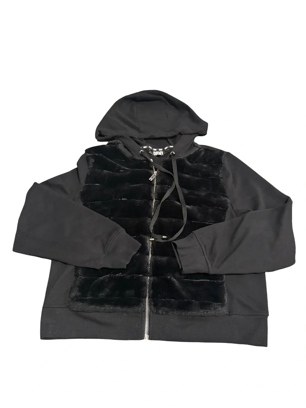 Y2K DKNY Black Faux-Fur Panel Zip Hoodie